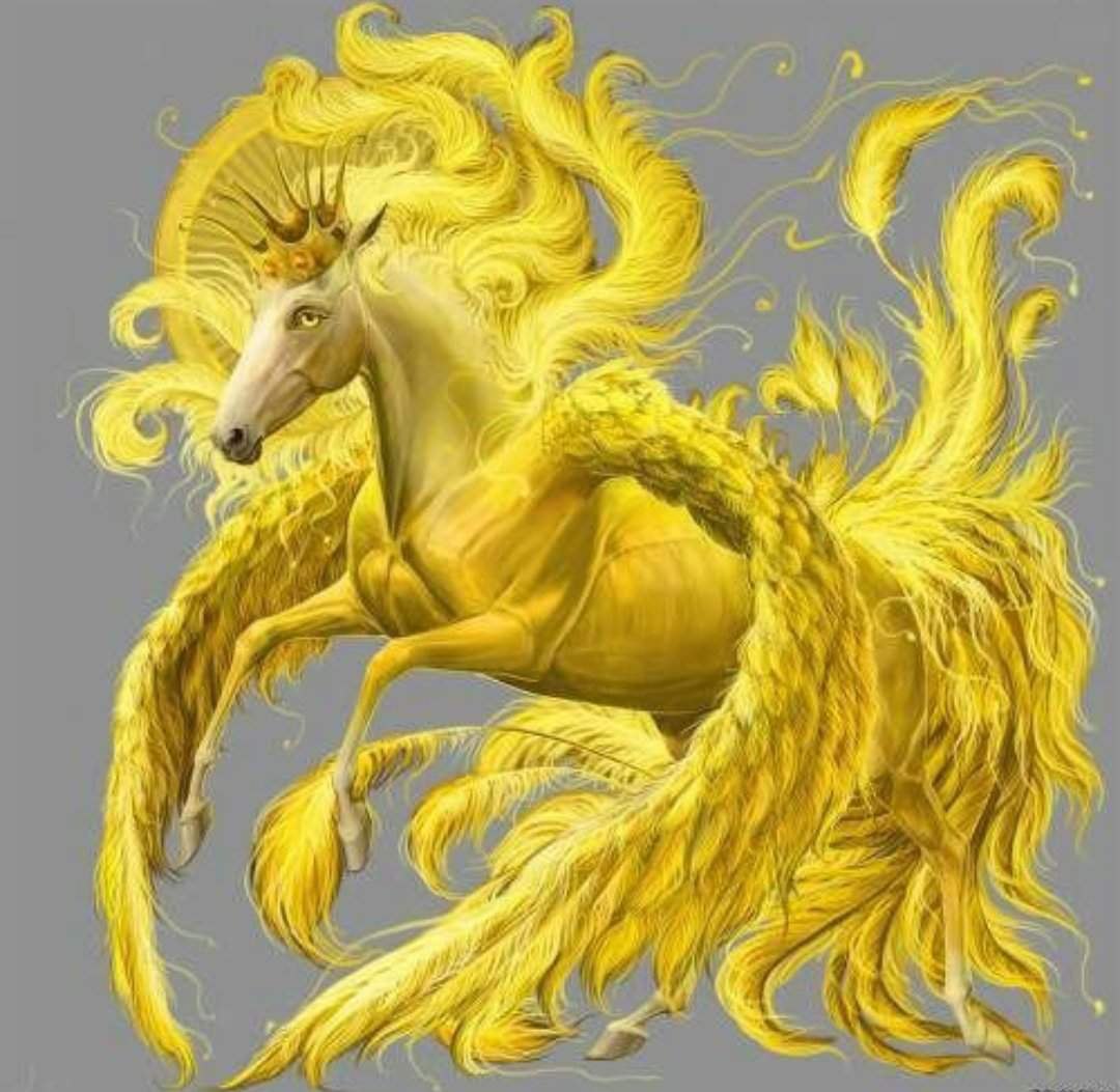 Желтый единорог. Желтая лошадь. Золотой Единорог. Лошадь с золотой гривой.