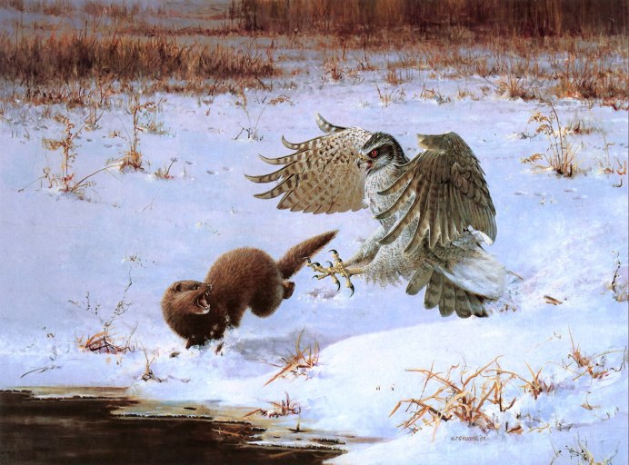 Совы с охотниками в живописи