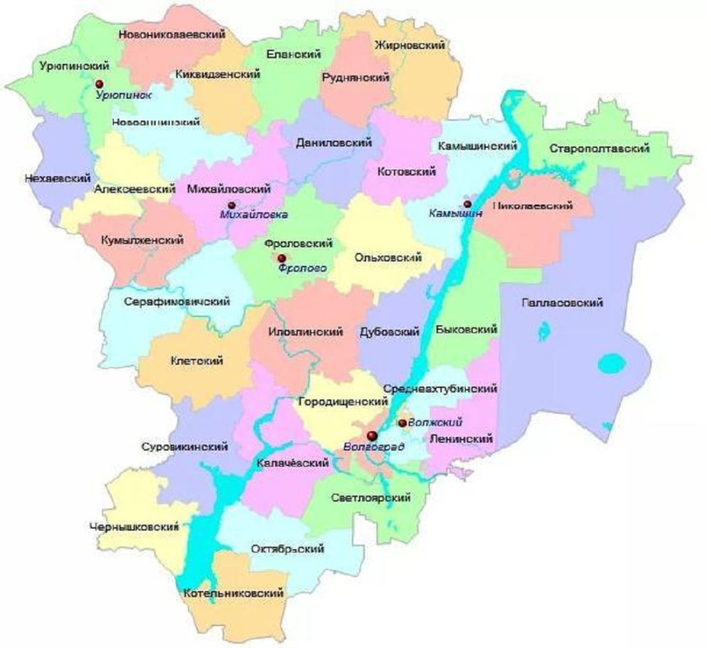 Волгоградская область карта с названиями. Волгоградская обл карта с районами.